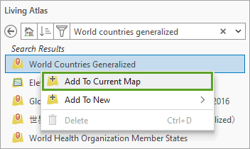 Add To Current Map option in the context menu for the World Countries (Generalized) layer