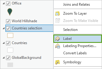 Label option in the context menu for the Countries selection layer