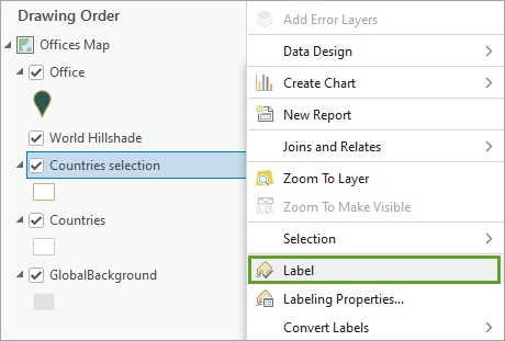 Label option in the context menu for the Countries selection layer