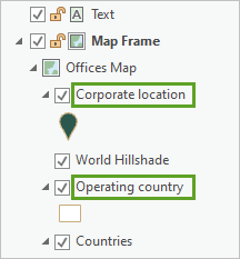 Corporate location and Operating country layers in the Contents pane