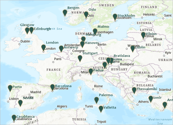 Map of Europe with green markers