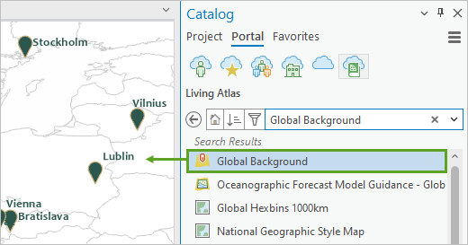 Global Background layer dragged from the Catalog pane to the map.