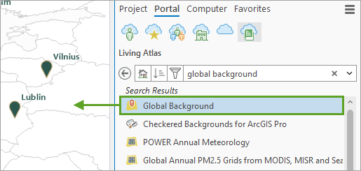 Global Background layer dragged from the Catalog pane to the map.