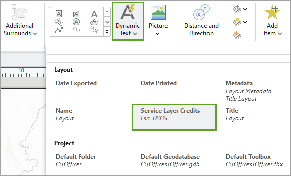 Service Layer Credits selected in the Dynamic Text gallery.