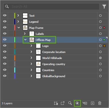 Offices Map layer selected in Layers panel and Make/Release Clipping Mask button selected.