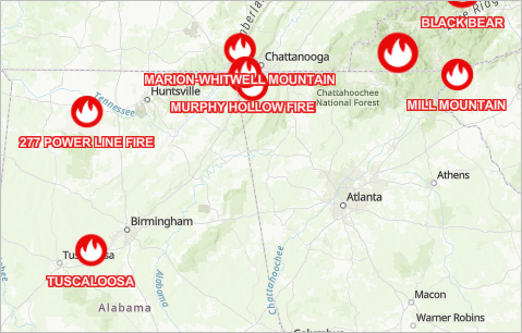 Map with red and white labels for fires