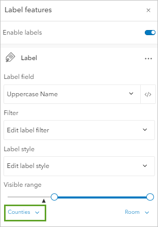 Size and Visible Range settings for labels