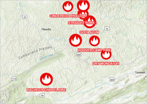 Map with slightly smaller labels for fires