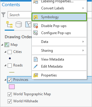 Symbology in the context menu of the Provinces layer