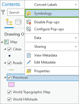 Symbology in the context menu of the Provinces layer