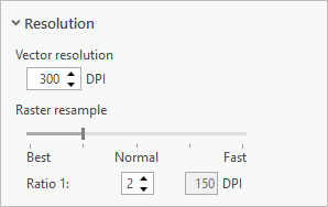 Parameters for the Resolution section in the Export Layout pane