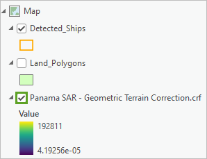 Turn the Panama SAR - Geometric Terrain Correction.crf layer off and on.