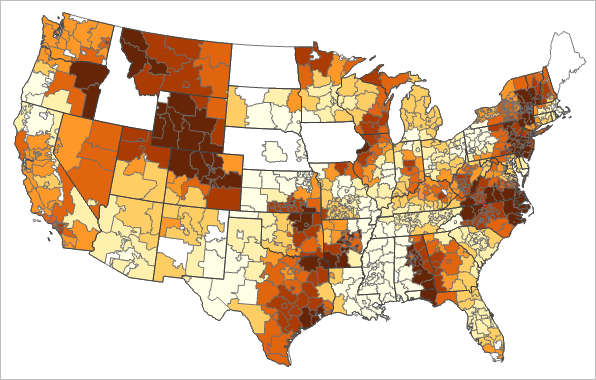 Map of the relationship between average interest rates and average loan grades