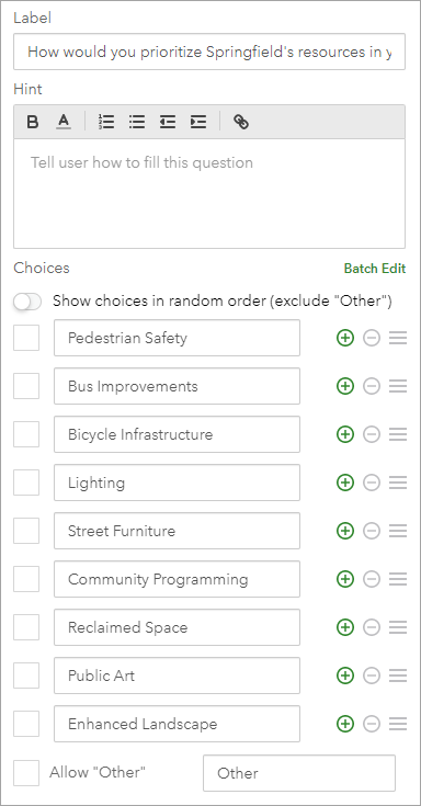 Choices for the multiple select question