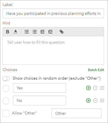 Choices for the single choice question