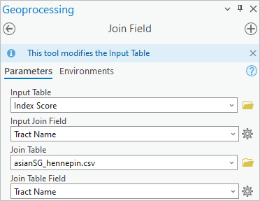 Parameters entered in the Join Field