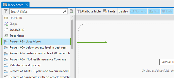 Percent 65+ Lives Alone indicator dragged into the statistics panel on the Data Engineering view