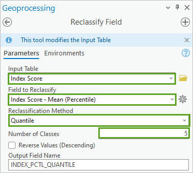 Reclassify Field parameters entered