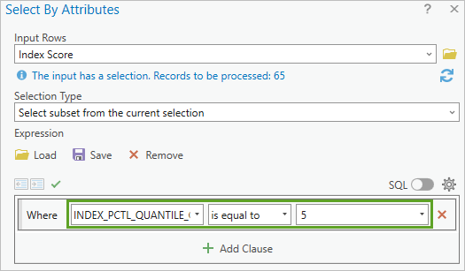 Expression built to select the highest quintile for index score among the currently selected tracts