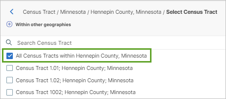 All Census Tracts within Hennepin County, Minnesota checked