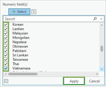 The specific Asian groups checked and the Apply button in the Numeric fields menu