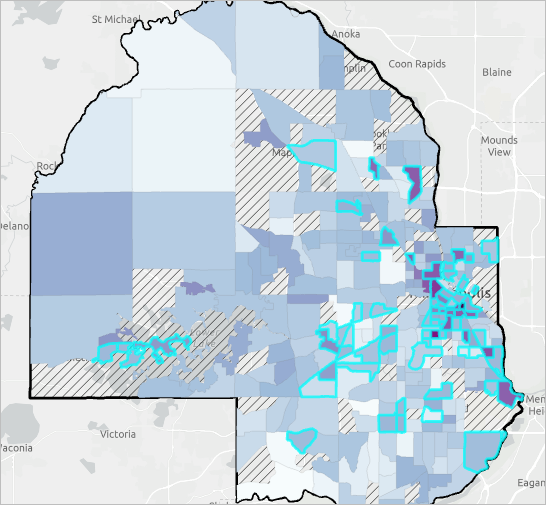 Map highlighted with tracts in the highest quartile for seniors who live alone