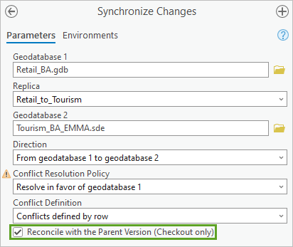 Parameters for the Synchronize Changes tool