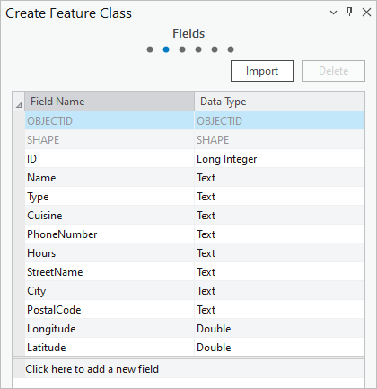 Fields for the new feature class