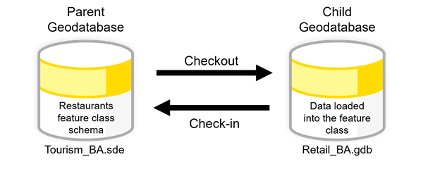 Graphic showing checkout/check-in replication between parent and child geodatabases