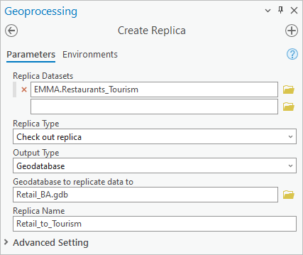 Parameters for the Create Replica tool