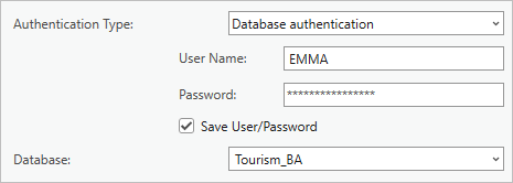 Authentication Type, User Name, Password, and Database parameters