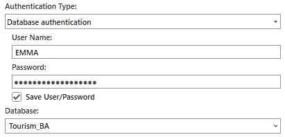 Authentication Type, User Name, Password, and Database parameters