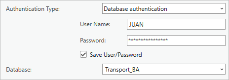 Authentication Type, User Name, Password, and Database parameters