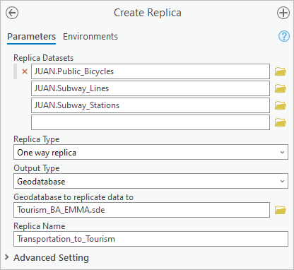 Parameters for the Create Replica tool
