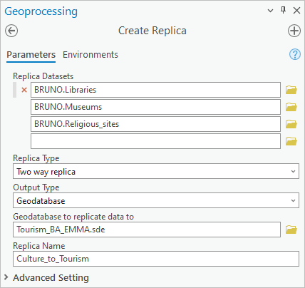 Parameters for the Create Replica tool