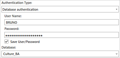 Authentication Type, User Name, Password, and Database parameters