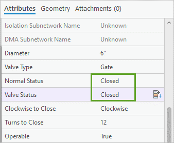 Normal Status and Valve Status both set to Closed in the Attributes pane