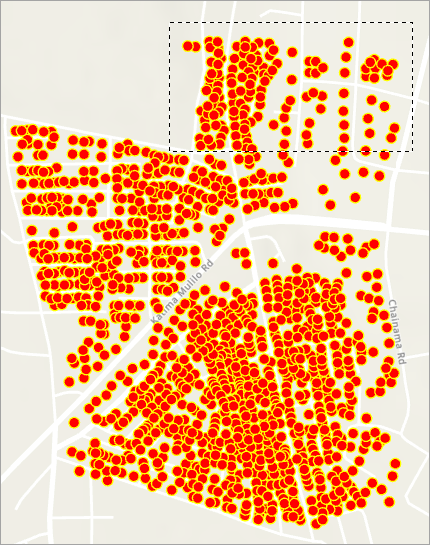 Map with selection rectangle drawn around some of the points