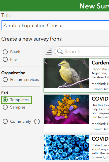 Esri Templates option for choosing an XLSForm design