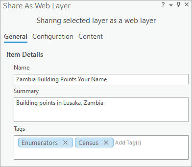 Parameters for the Share As Web Layer tool