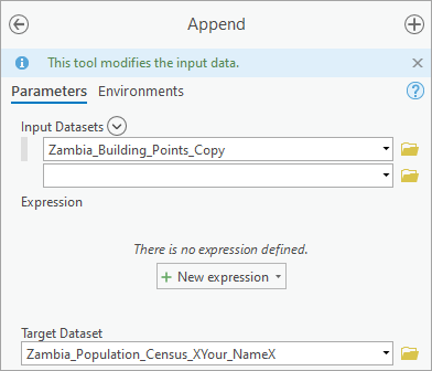 Parameters for the Append tool