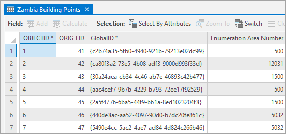 Attribute table with the first few fields shown