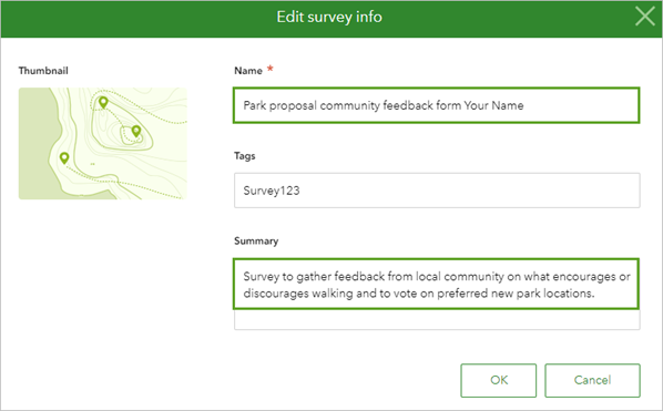 The Edit survey info window parameters completed