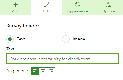 Text entered in the Survey header pane