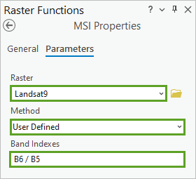 Band Arithmetic raster function parameters for MSI