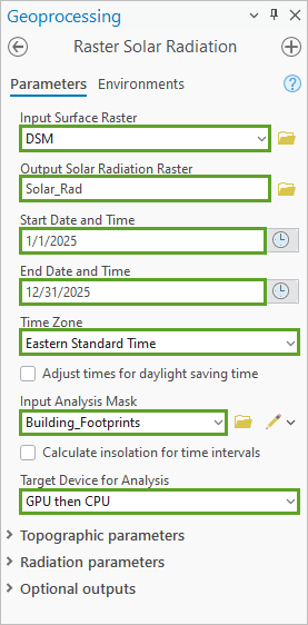 Raster Solar Radiation tool parameters