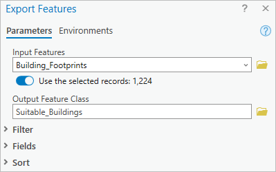 Parameters for the Export Features tool