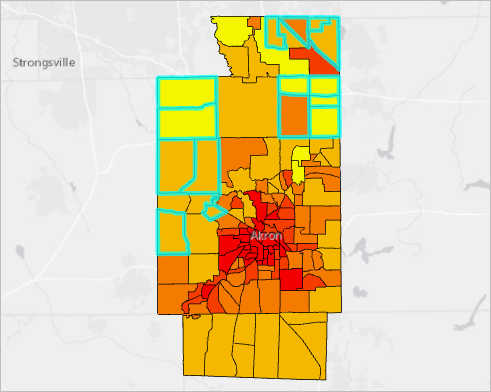 Census tracts selected where MaxValue is equal to HousingAve.