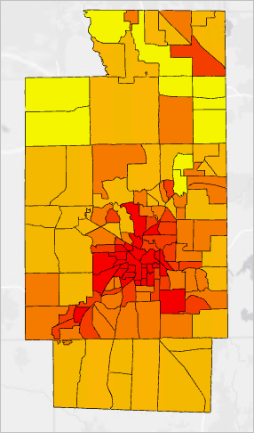 Map of census tracts in yellow, orange, and red