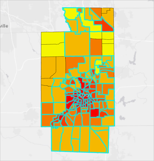 Census tracts where the MaxValue is equal to IncomeAve selected on the map.